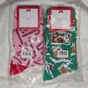 2 Pairs Charter Club Socks Candy Cane & Gingerbread Theme NWT